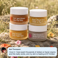 Frøya Organics Complete Mature Skin System — four balm jars outdoors with customer review